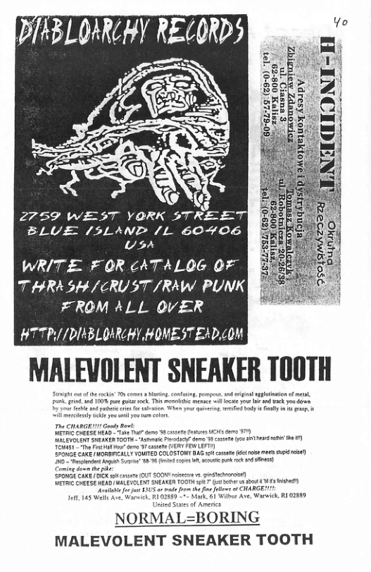 g g 2759 WEST YORK 5TREET) BLUE /S5LAND /L 60406 Usr WRITE FOR cATALOG 0F T HRASH /CRUST /RAW PUNK [ FROM ALL OVER HTTP://DIABLORCHY HOMESTEAD.LOM ORMAL=BORIN MALEVOLENT SNEAKER TOOTH